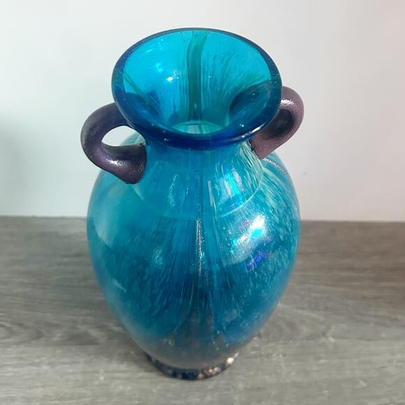 Dale Tiffany Favrile Amphora Art Glass Teal Blue Copper Aventurine 10" Vase EUC - Picture 8 of 10